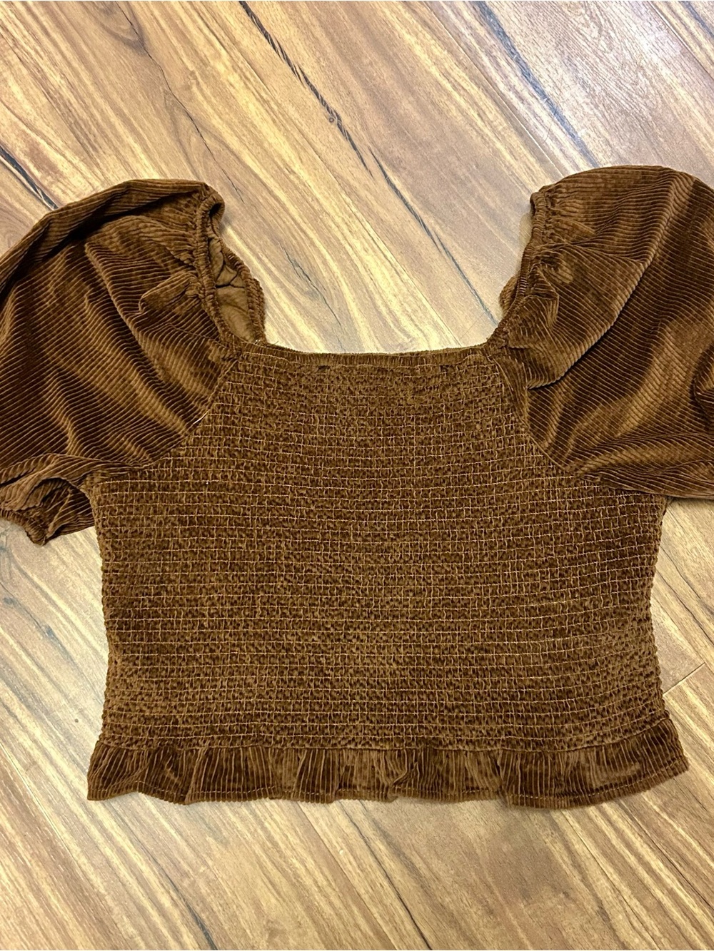 American Eagle Rich Brown Corduroy Smocked Crop Puff Sleeves Ruffled Hem Fall XL